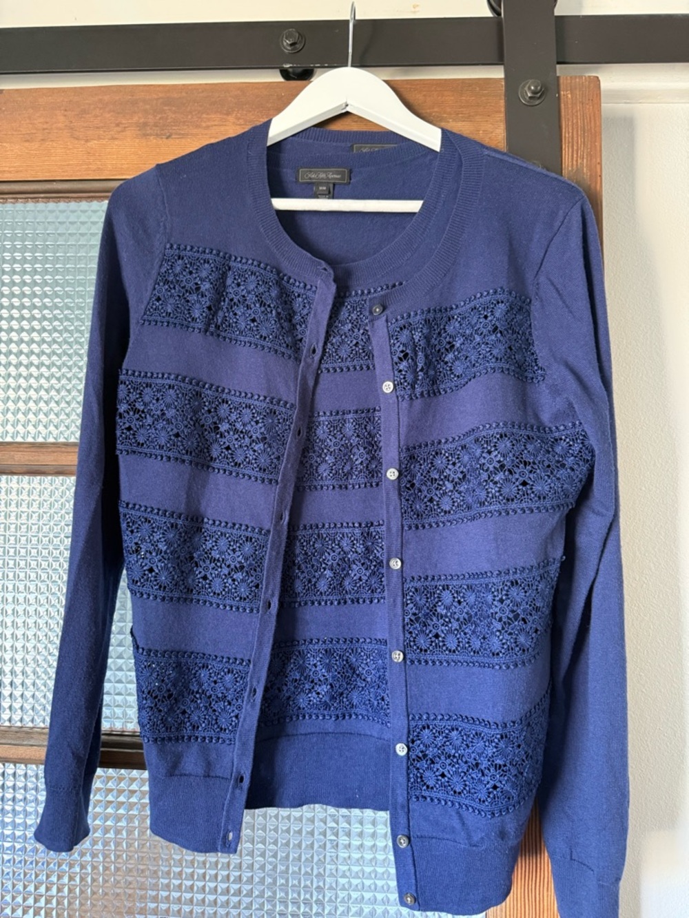 Navy Crochet-Panel Cardigan and Blouse Set